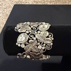 Silver Tone Leaf Crystal Stretch Cuff Bracelet - Women Jewelry